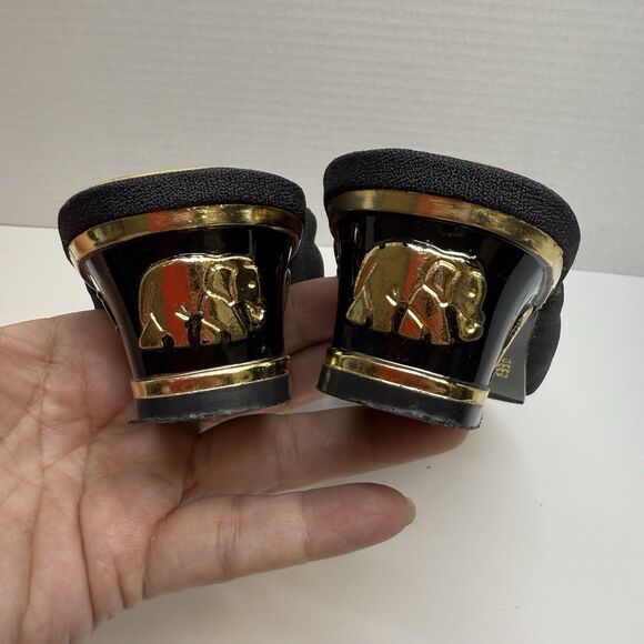 Vintage Coup D’etat Black Fabric Upper Gold Elephant Heel Slip On Mules Sz 7.5 - Picture 7 of 9